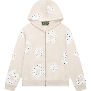 Rhinestone Cotton Wreath Zip Hoodie Oatmeal